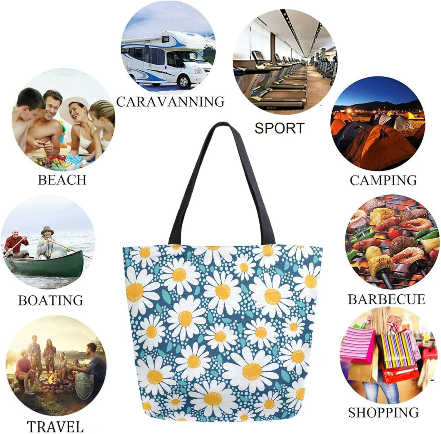 Naanle Womens Extra Large Creative Chamomile Flowers Canvas Reusable Market Beach Travel Gym Shopping Shoulder Tote Bag