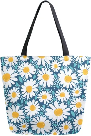 Naanle Womens Extra Large Creative Chamomile Flowers Canvas Reusable Market Beach Travel Gym Shopping Shoulder Tote Bag