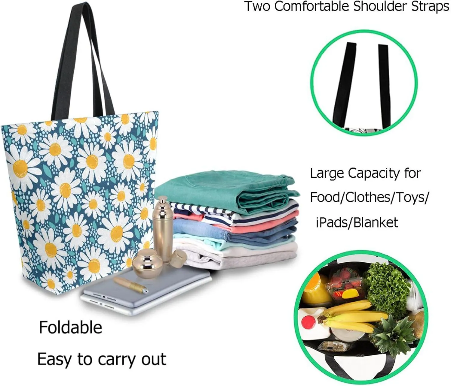 Naanle Womens Extra Large Creative Chamomile Flowers Canvas Reusable Market Beach Travel Gym Shopping Shoulder Tote Bag