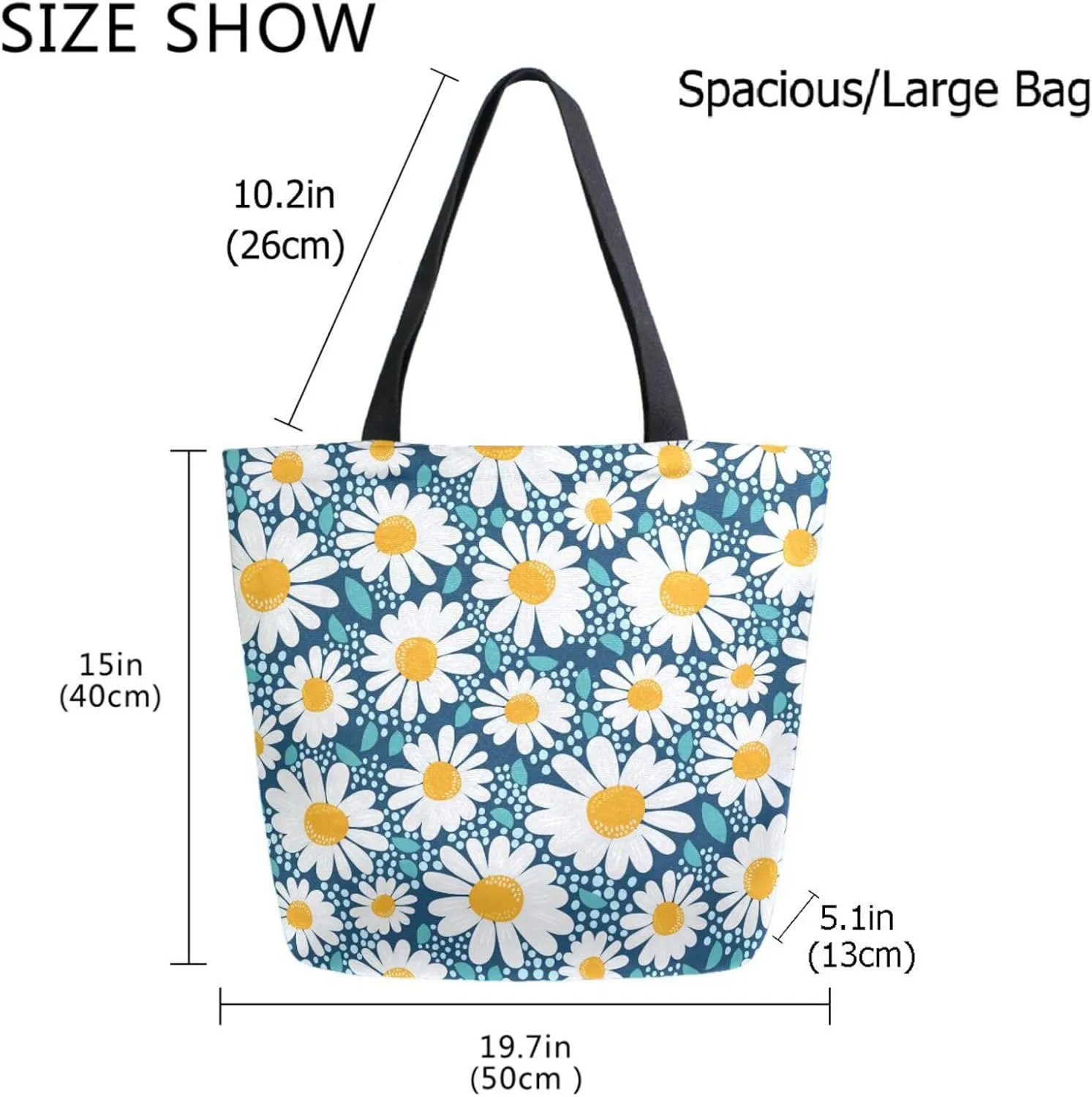 Naanle Womens Extra Large Creative Chamomile Flowers Canvas Reusable Market Beach Travel Gym Shopping Shoulder Tote Bag