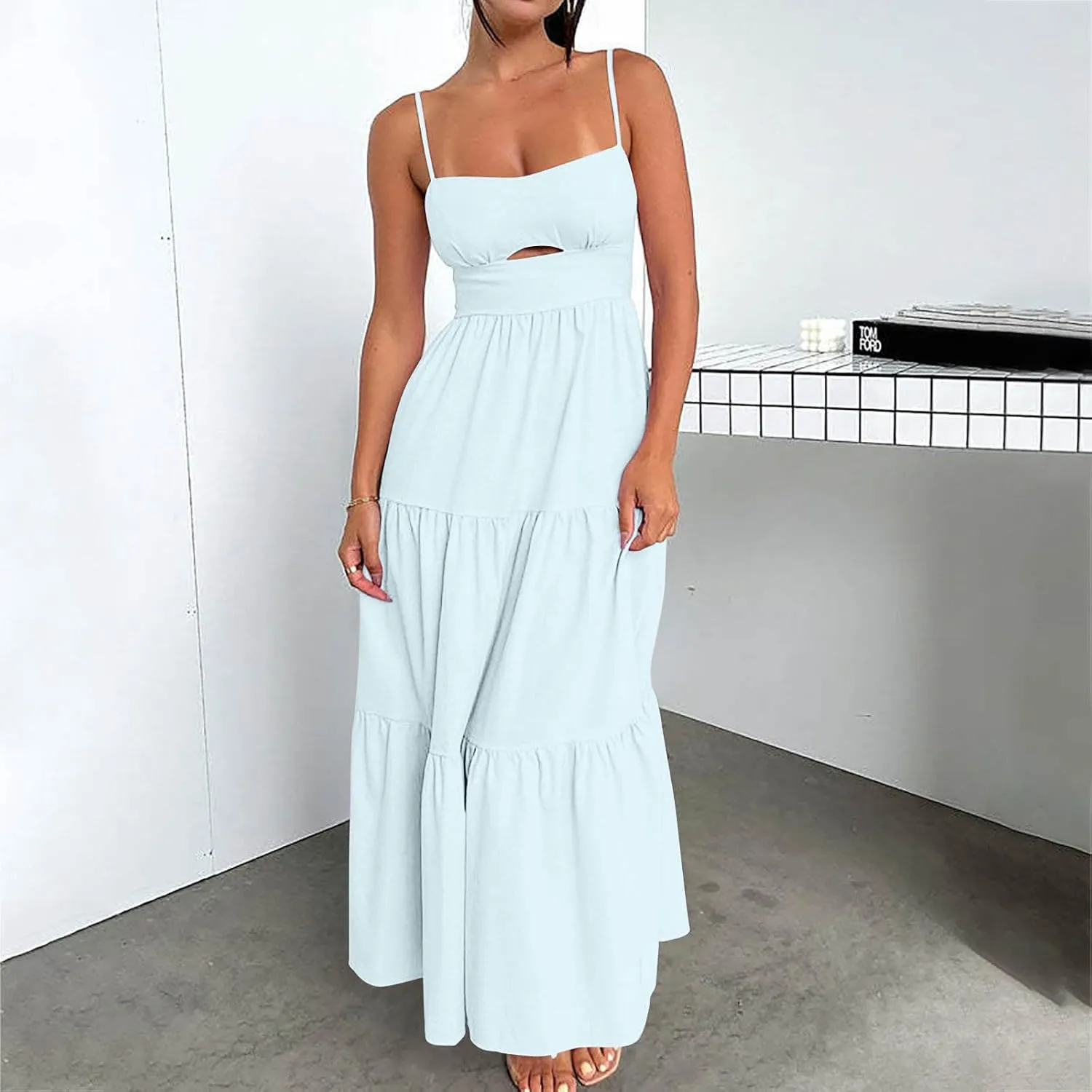 NaRHbrg Women's Spaghetti Strap Maxi Dress Cutout High Waist Tiered Flowy Summer Beach Sundress Casual Long Dresses