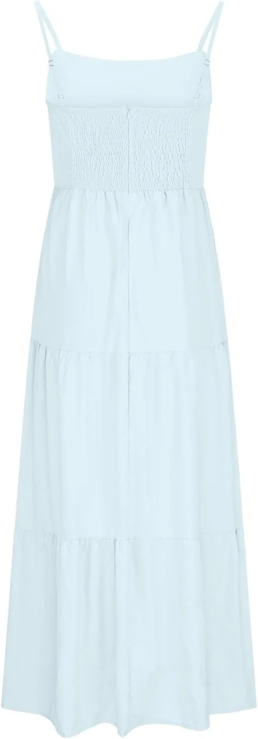 NaRHbrg Women's Spaghetti Strap Maxi Dress Cutout High Waist Tiered Flowy Summer Beach Sundress Casual Long Dresses