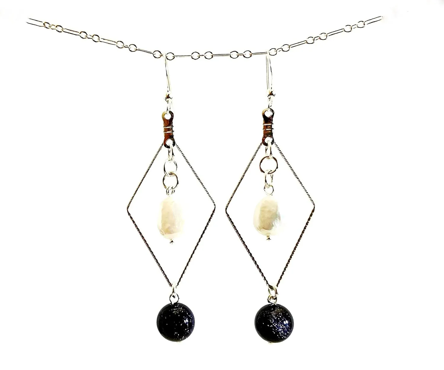 Navy Goldstone Earrings, White Freshwater Pearl Earrings, Diamond-Shaped Silver Hoop Earrings, Hypoallergenic Sterling Silver Ear Wires, Long Earrings, Jewelry Inspirations