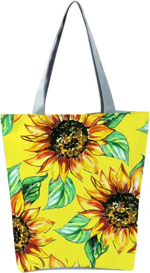 New Women's Slouchy Large Capacity Zippered Sunflower Printed Shoulder Bag Shoulder Tote Bag for Women (E, One Size)