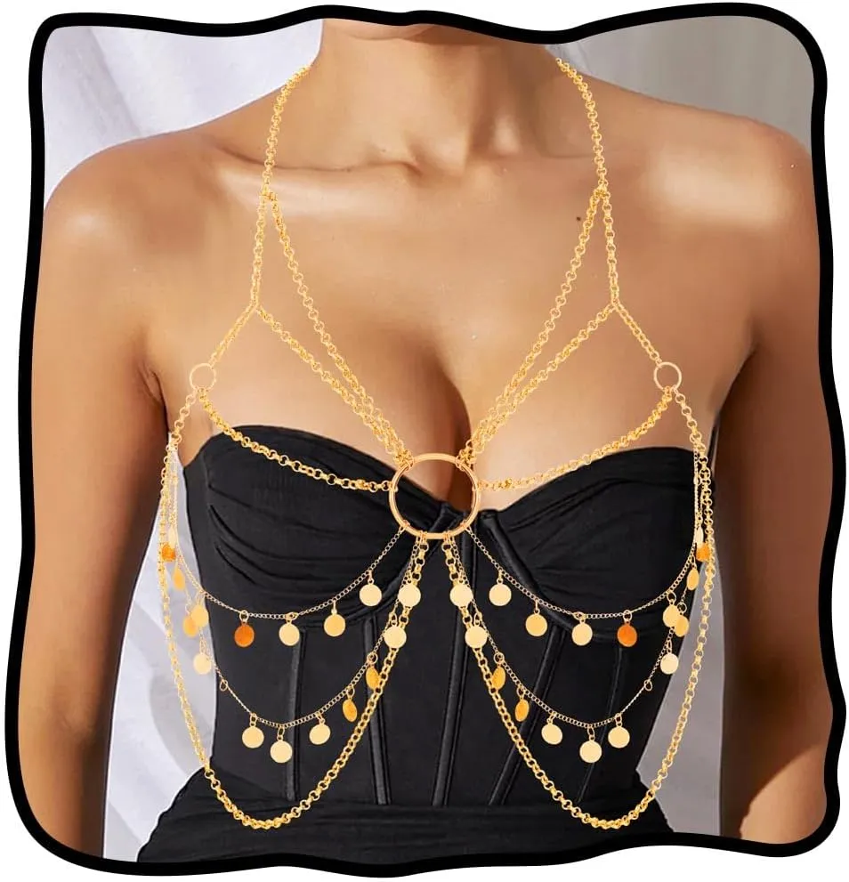 Nicute Women's Gold Body Chain Tassel Sequin Bra Chain Layered Beach Body Accessories for Women