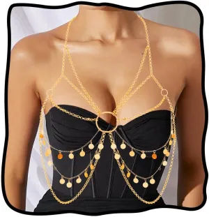 Nicute Women's Gold Body Chain Tassel Sequin Bra Chain Layered Beach Body Accessories for Women