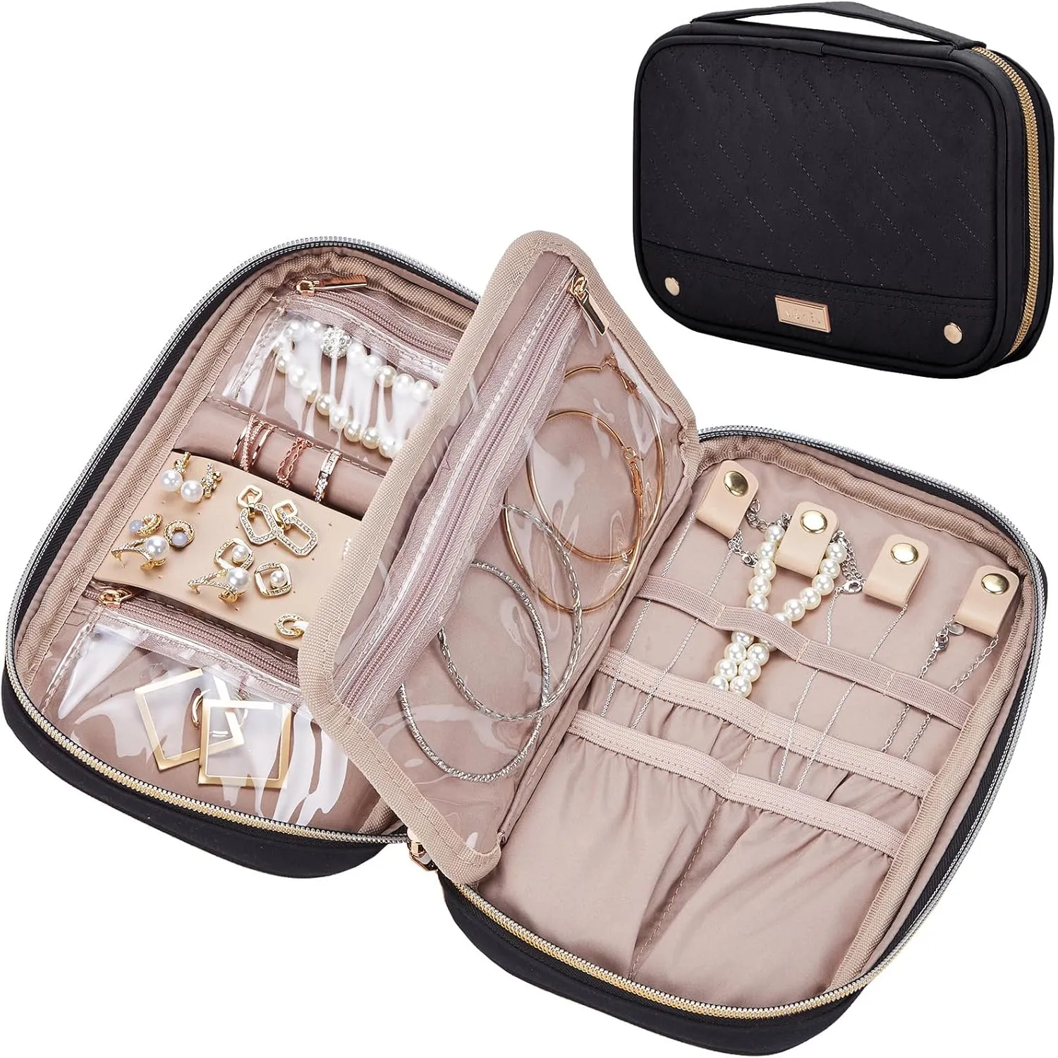NISHEL Travel Jewelry Case, Holiday Organizer for Necklaces, Earrings, Rings, Bracelets, Watch, Black