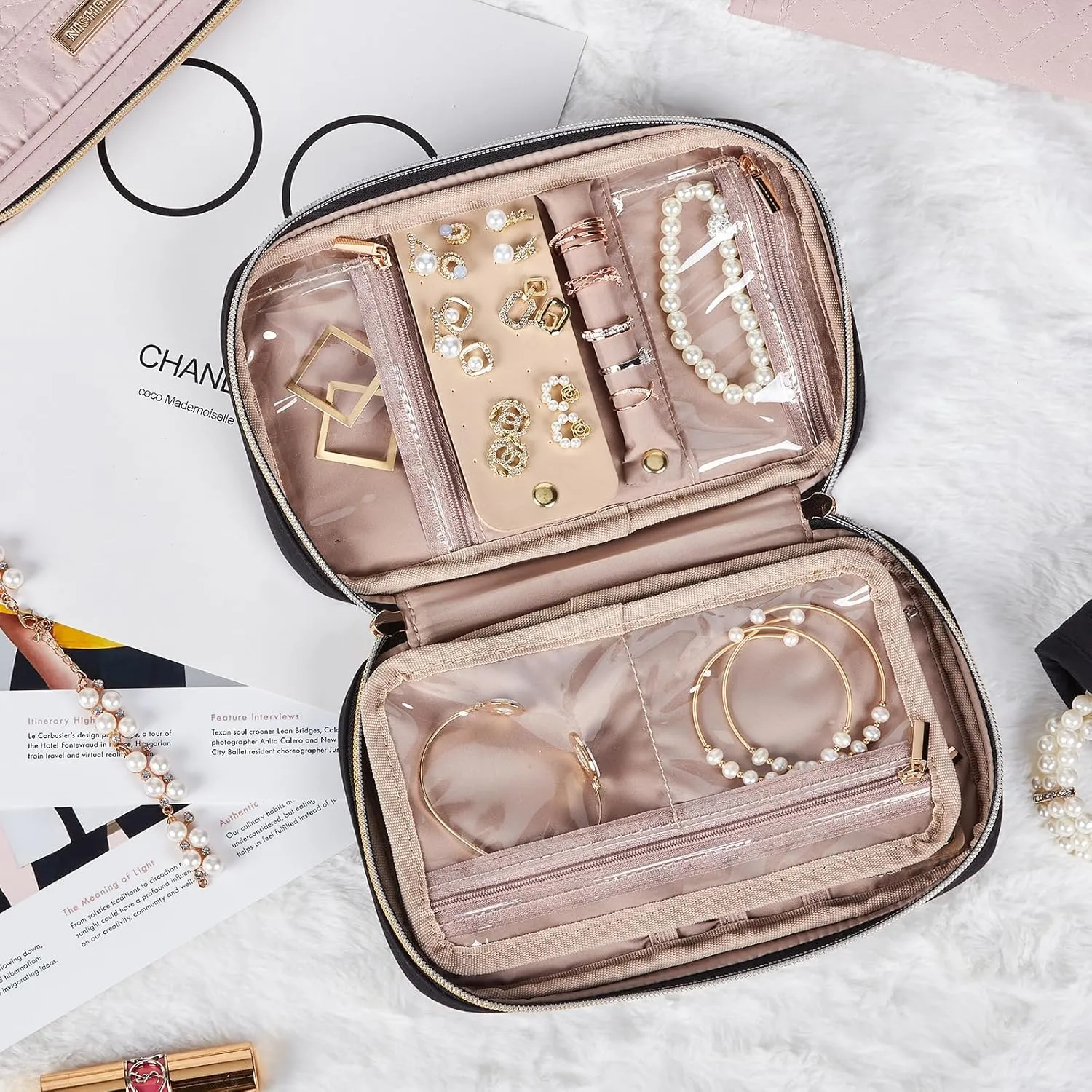NISHEL Travel Jewelry Case, Holiday Organizer for Necklaces, Earrings, Rings, Bracelets, Watch, Black