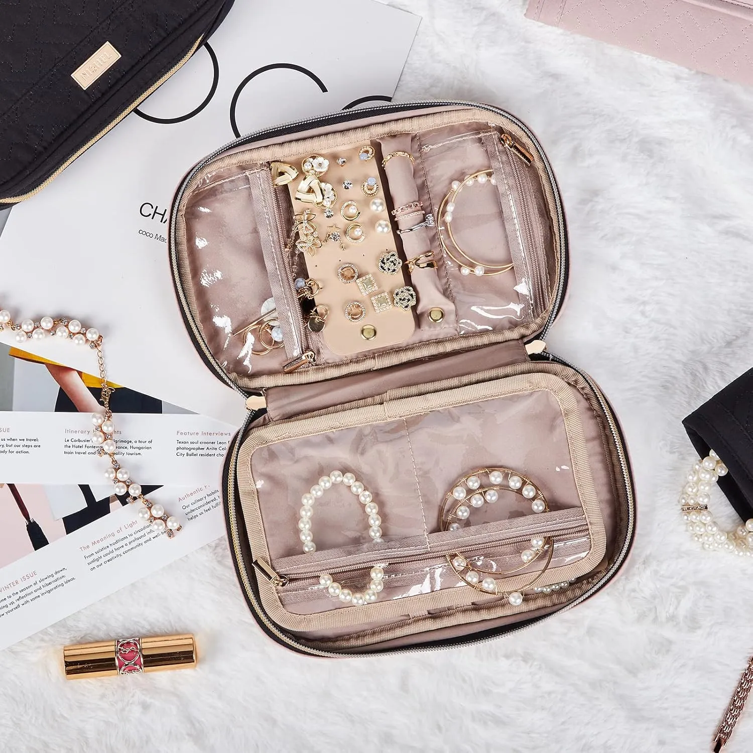 NISHEL Travel Jewelry Case, Holiday Organizer for Necklaces, Earrings, Rings, Bracelets, Watch, Pink