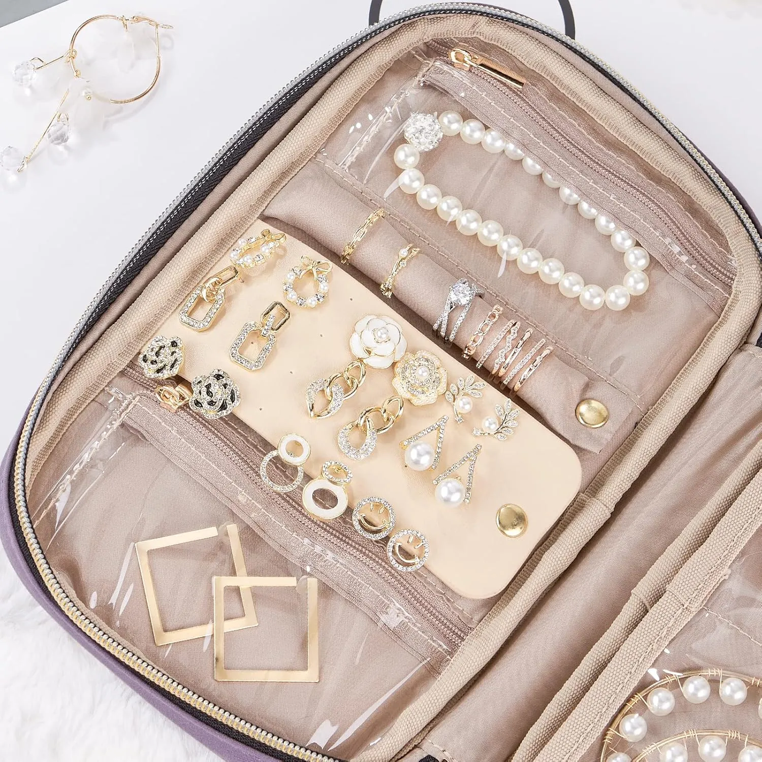 NISHEL Travel Jewelry Case, Holiday Organizer for Necklaces, Earrings, Rings, Bracelets, Watch, Purple