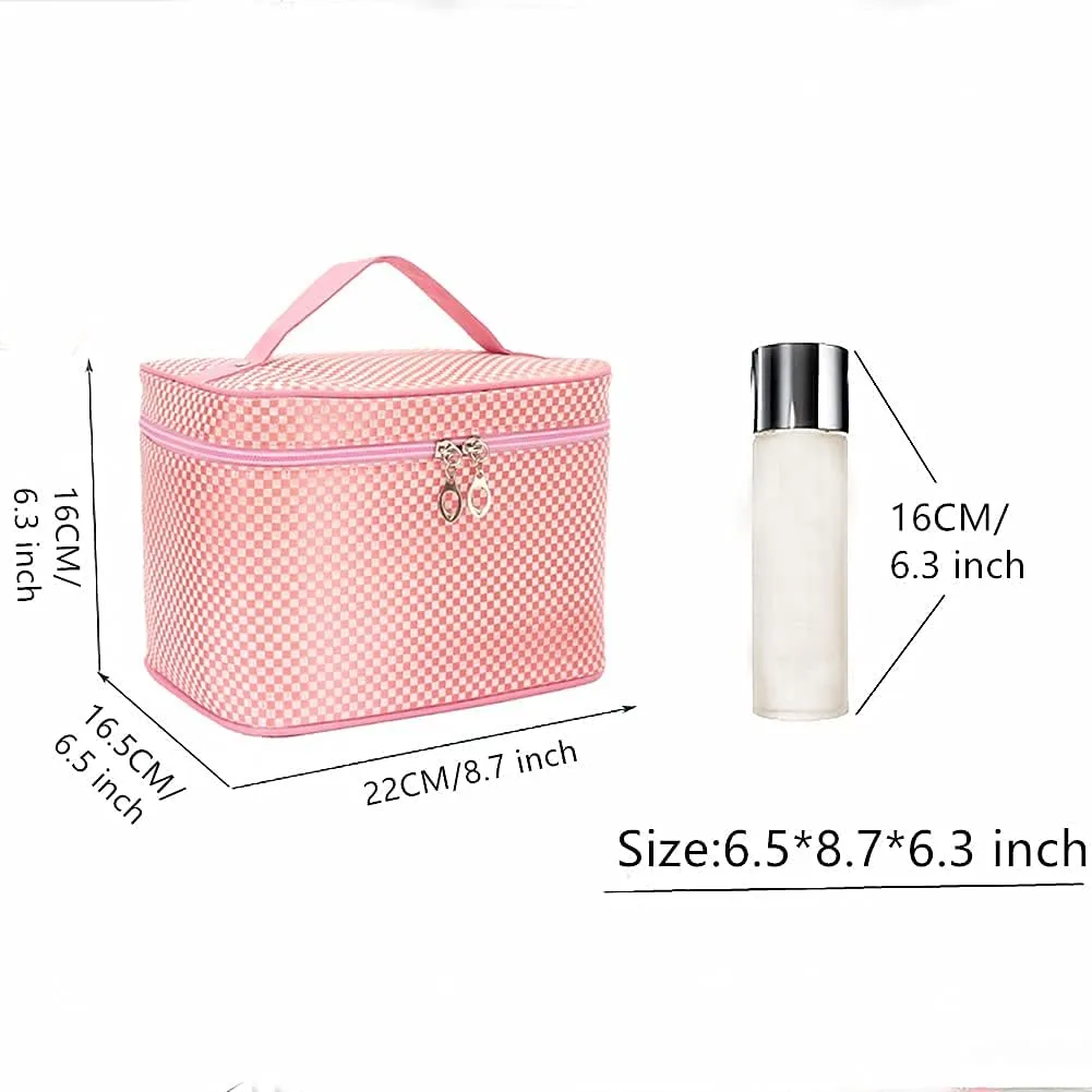 NuAngela Travel Makeup Bag, Portable Toiletry Cosmetic Bags For Women and Girls, Large Make Up Case Zipper Pounch, Water Proof Cosmetics Accessories Organizer (Pink plaid)