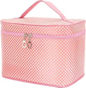 NuAngela Travel Makeup Bag, Portable Toiletry Cosmetic Bags For Women and Girls, Large Make Up Case Zipper Pounch, Water Proof Cosmetics Accessories Organizer (Pink plaid)