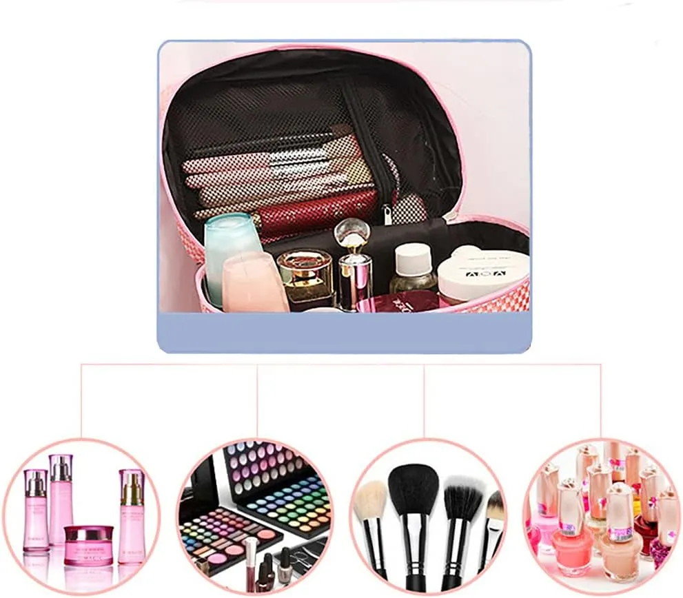 NuAngela Travel Makeup Bag, Portable Toiletry Cosmetic Bags For Women and Girls, Large Make Up Case Zipper Pounch, Water Proof Cosmetics Accessories Organizer (Pink plaid)