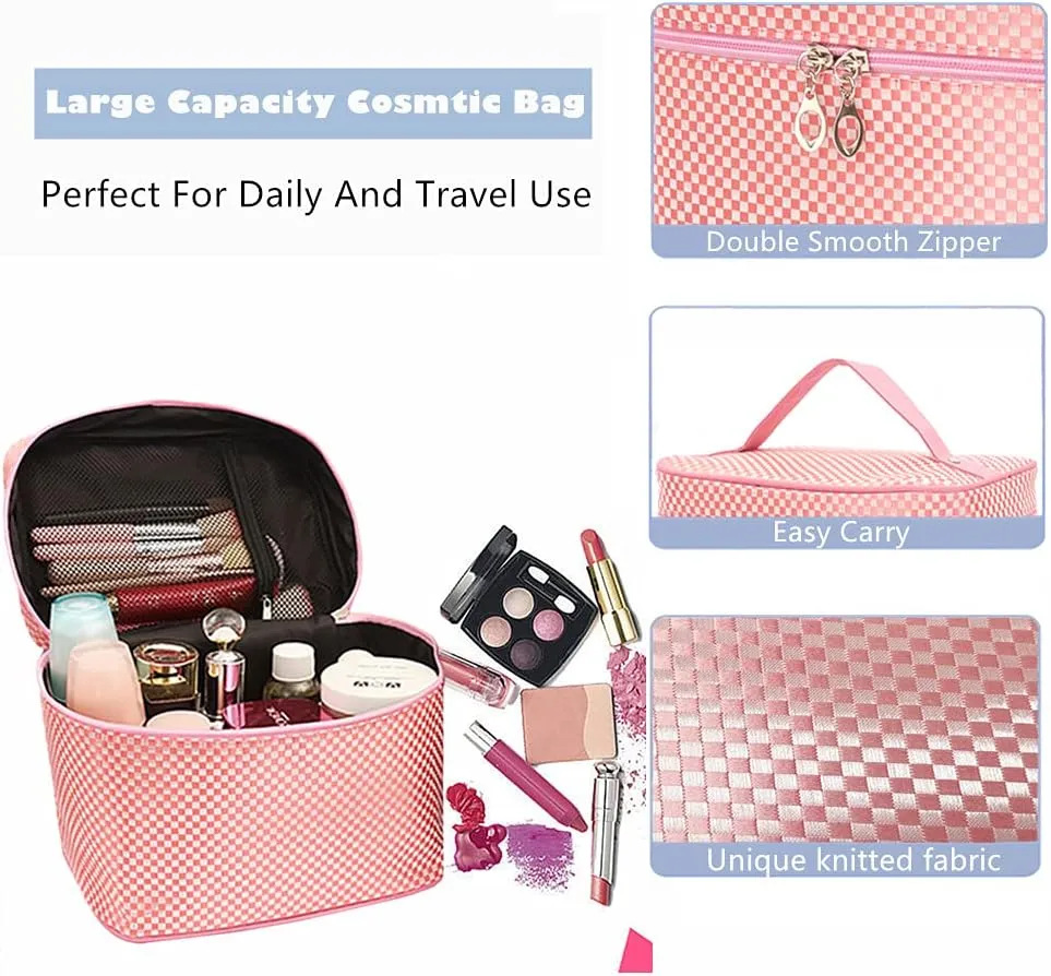 NuAngela Travel Makeup Bag, Portable Toiletry Cosmetic Bags For Women and Girls, Large Make Up Case Zipper Pounch, Water Proof Cosmetics Accessories Organizer (Pink plaid)