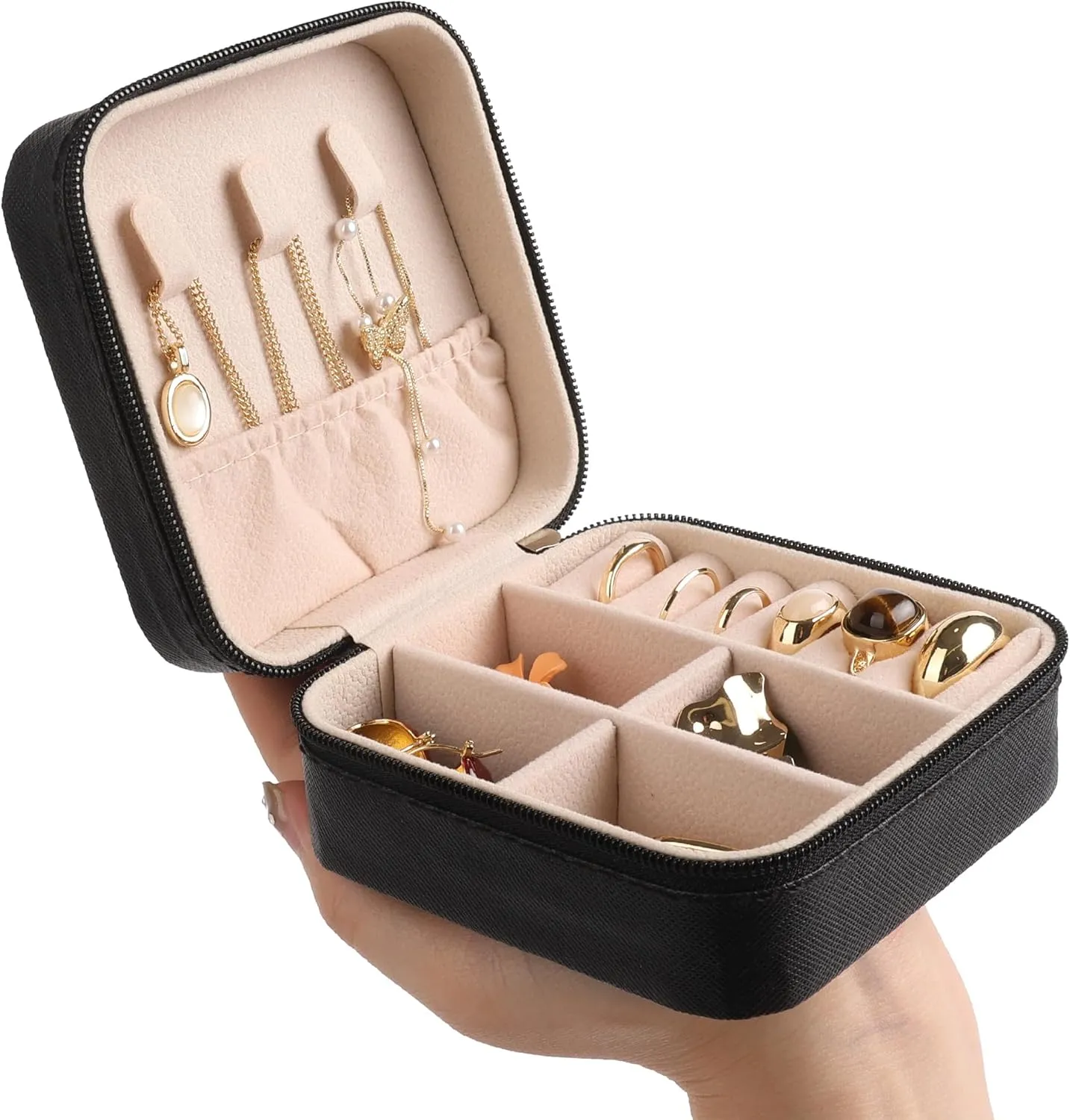 OceeK Mini Jewelry Travel Case,PU Leather Small Jewelry Box, Travel Jewelry Organizer Storage Case,Black,1 Pack