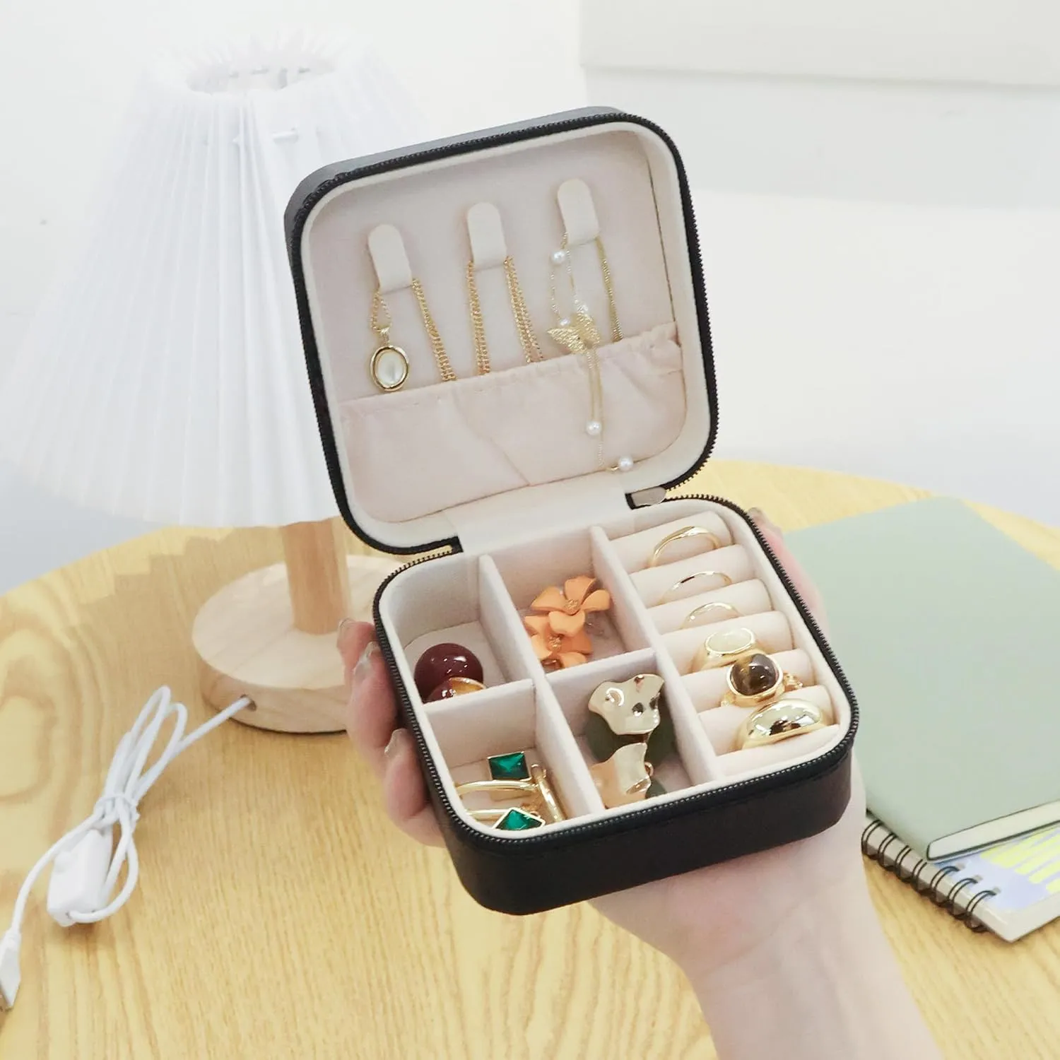 OceeK Mini Jewelry Travel Case,PU Leather Small Jewelry Box, Travel Jewelry Organizer Storage Case,Black,1 Pack