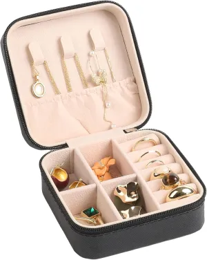 OceeK Mini Jewelry Travel Case,PU Leather Small Jewelry Box, Travel Jewelry Organizer Storage Case,Black,1 Pack