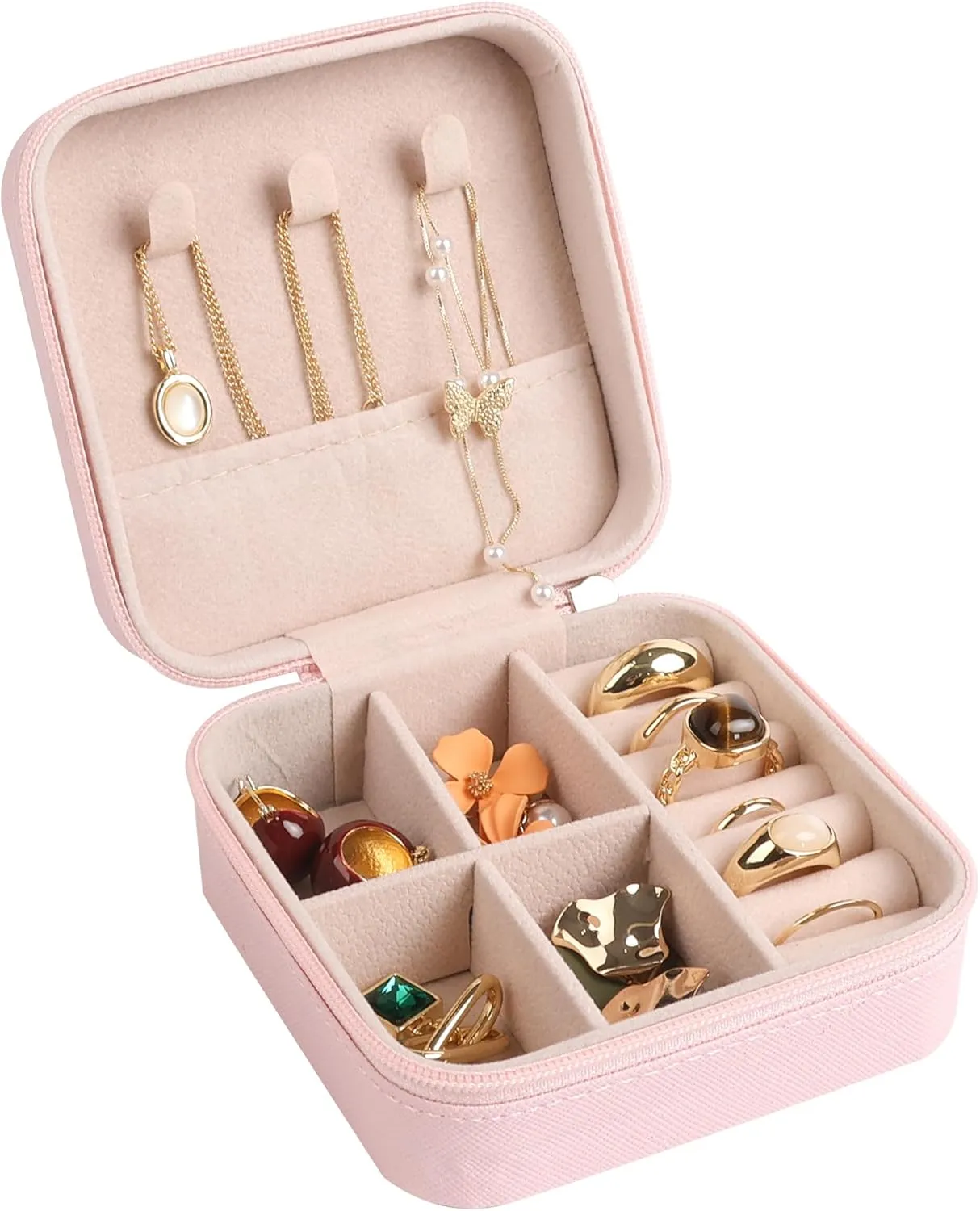 OceeK Mini Jewelry Travel Case,PU Leather Small Jewelry Box, Travel Jewelry Organizer Storage Case,Pink,1 Pack