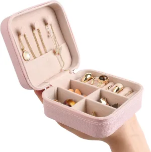 OceeK Mini Jewelry Travel Case,PU Leather Small Jewelry Box, Travel Jewelry Organizer Storage Case,Pink,1 Pack