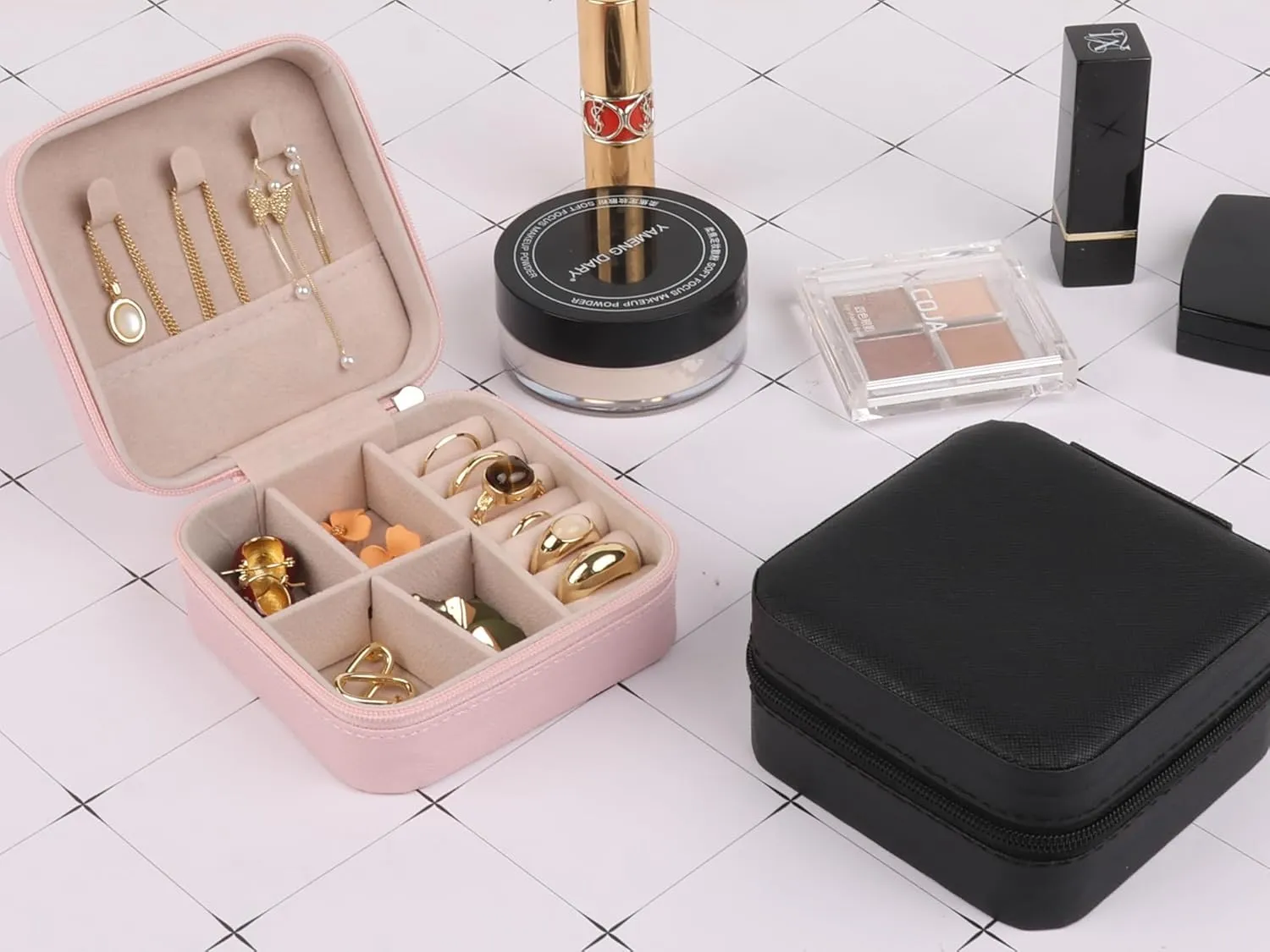 OceeK Mini Jewelry Travel Case,PU Leather Small Jewelry Box, Travel Jewelry Organizer Storage Case,Pink,1 Pack
