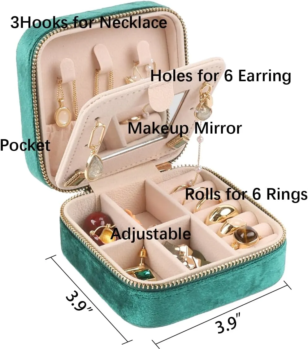 OceeK Plush Velvet Jewelry Box,Travel Jewelry Case and Organizer with Mirror,for Women Teen Girl Gifts,Green,1 Pack