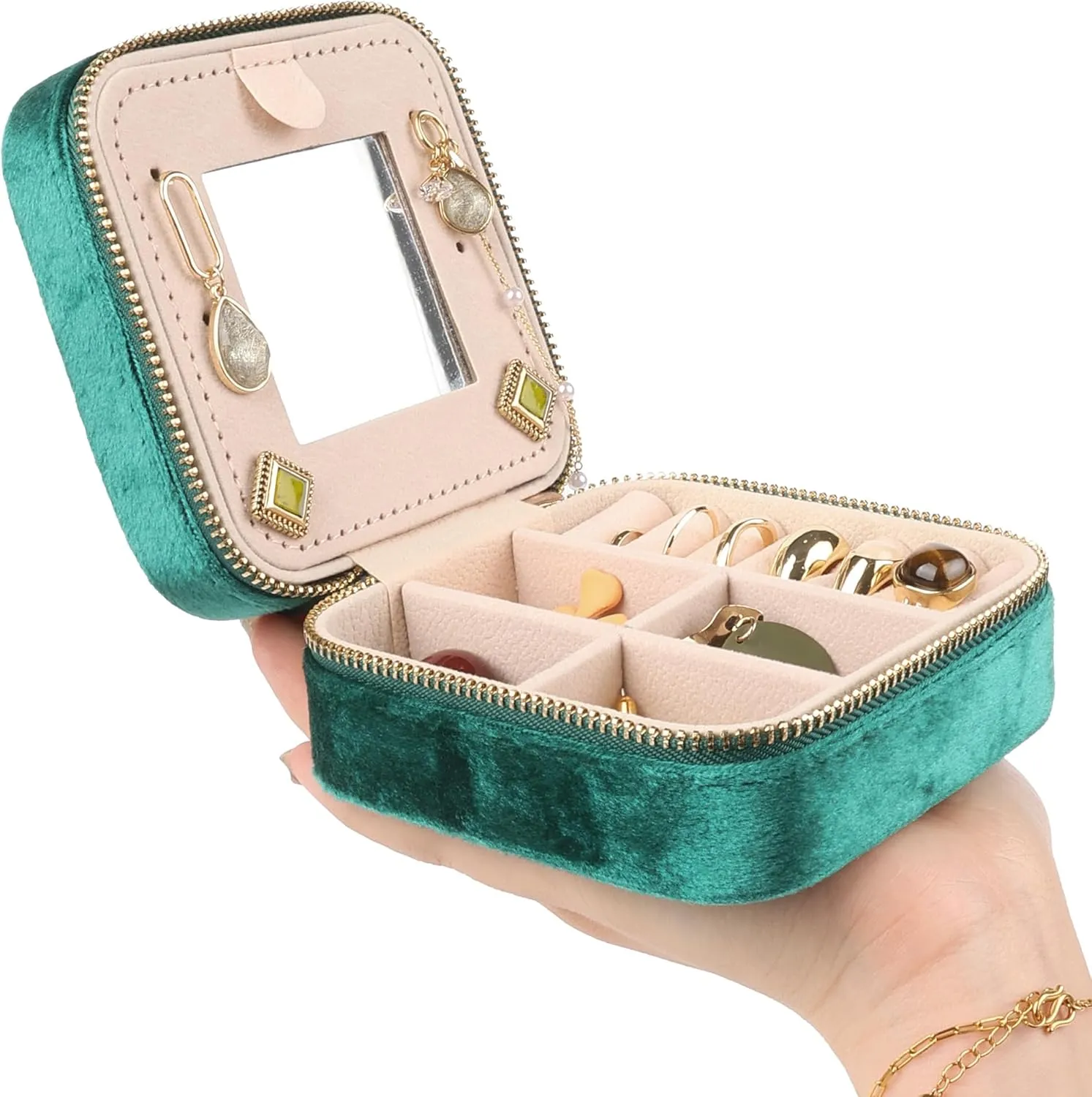 OceeK Plush Velvet Jewelry Box,Travel Jewelry Case and Organizer with Mirror,for Women Teen Girl Gifts,Green,1 Pack