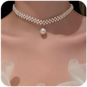 Octwine Boho Layered Necklaces for Women Weave Short Necklaces Choker Necklaces Pearls Necklace Layered Rhinestones Pendant Necklace Multilayer for Women