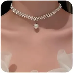 Octwine Boho Layered Necklaces for Women Weave Short Necklaces Choker Necklaces Pearls Necklace Layered Rhinestones Pendant Necklace Multilayer for Women
