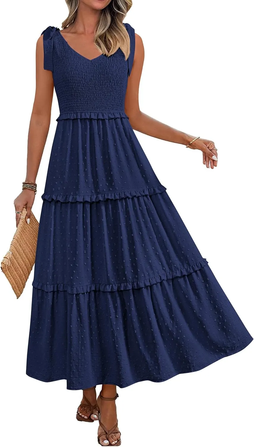Okiwam Womens Summer Dresses 2025 Spring V Neck Sleeveless Tie Strap Maxi Beach Sundresses Boho Swiss Dot Wedding Guest Dress