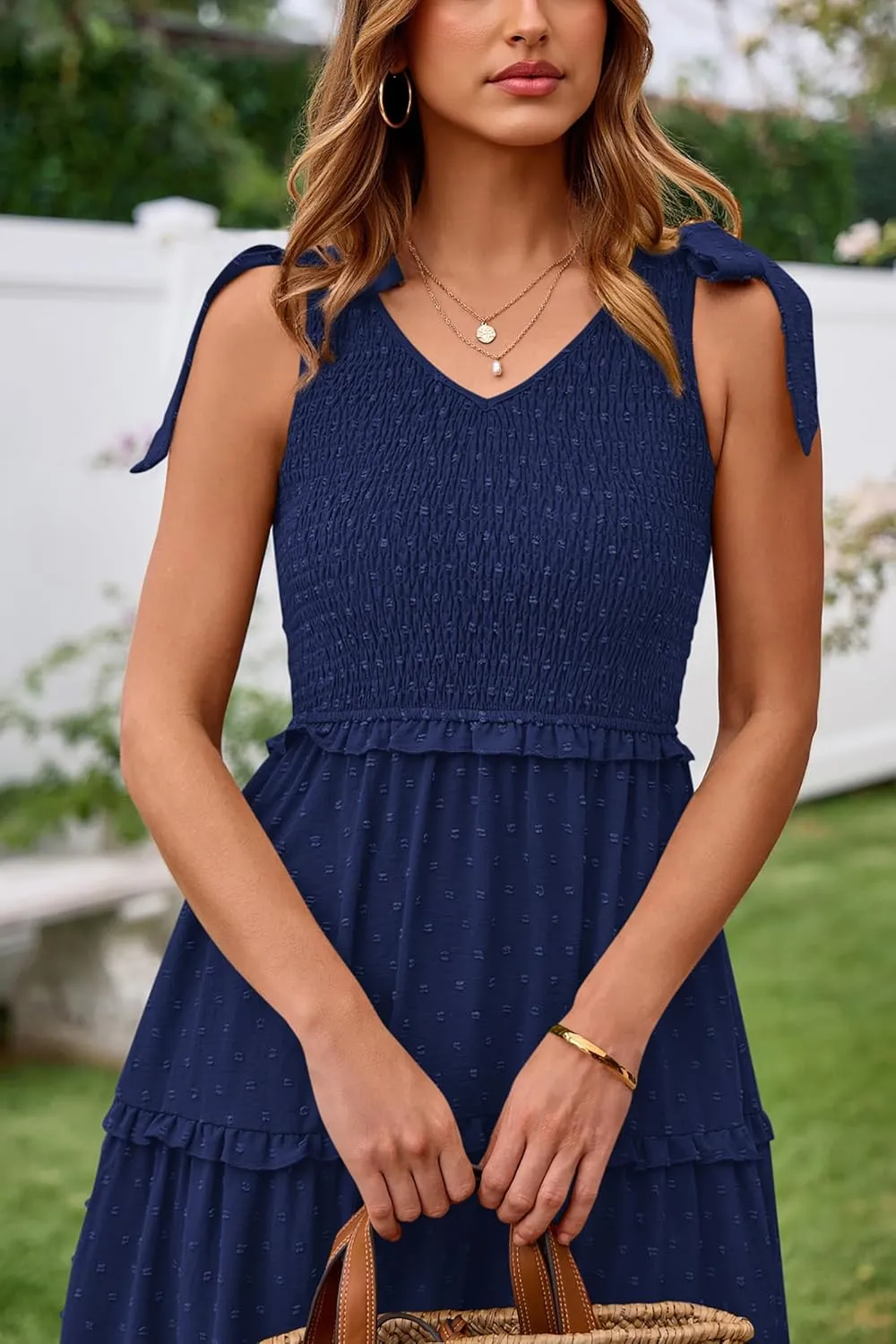 Okiwam Womens Summer Dresses 2025 Spring V Neck Sleeveless Tie Strap Maxi Beach Sundresses Boho Swiss Dot Wedding Guest Dress