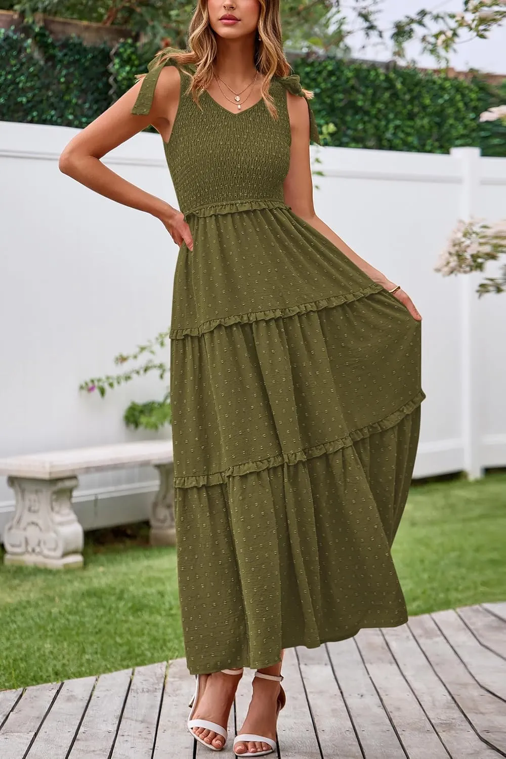Okiwam Womens Summer Dresses 2025 Spring V Neck Sleeveless Tie Strap Maxi Beach Sundresses Boho Swiss Dot Wedding Guest Dress