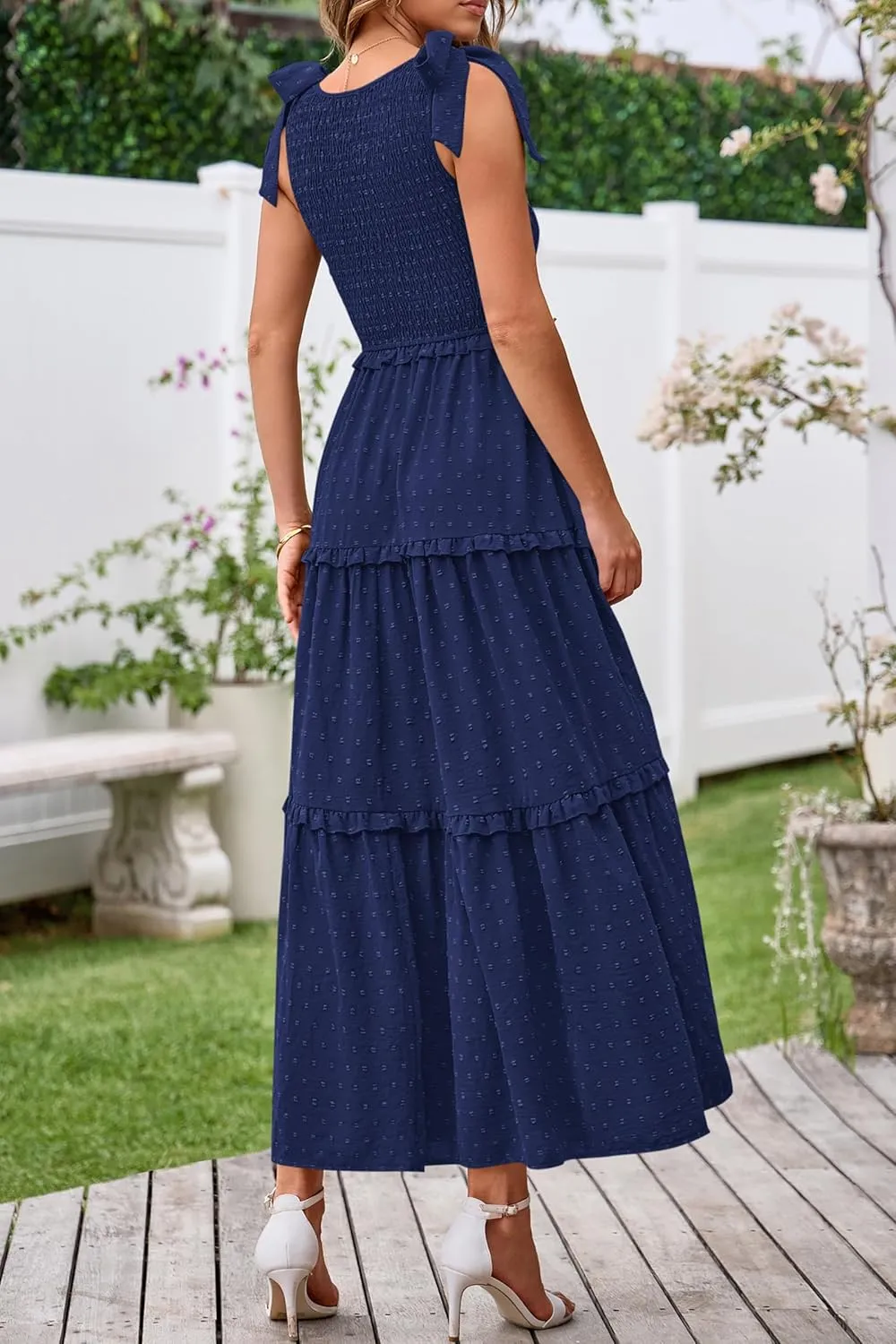 Okiwam Womens Summer Dresses 2025 Spring V Neck Sleeveless Tie Strap Maxi Beach Sundresses Boho Swiss Dot Wedding Guest Dress