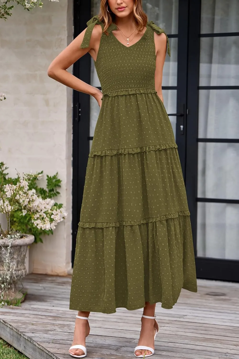 Okiwam Womens Summer Dresses 2025 Spring V Neck Sleeveless Tie Strap Maxi Beach Sundresses Boho Swiss Dot Wedding Guest Dress