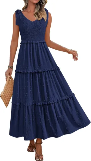 Okiwam Womens Summer Dresses 2025 Spring V Neck Sleeveless Tie Strap Maxi Beach Sundresses Boho Swiss Dot Wedding Guest Dress