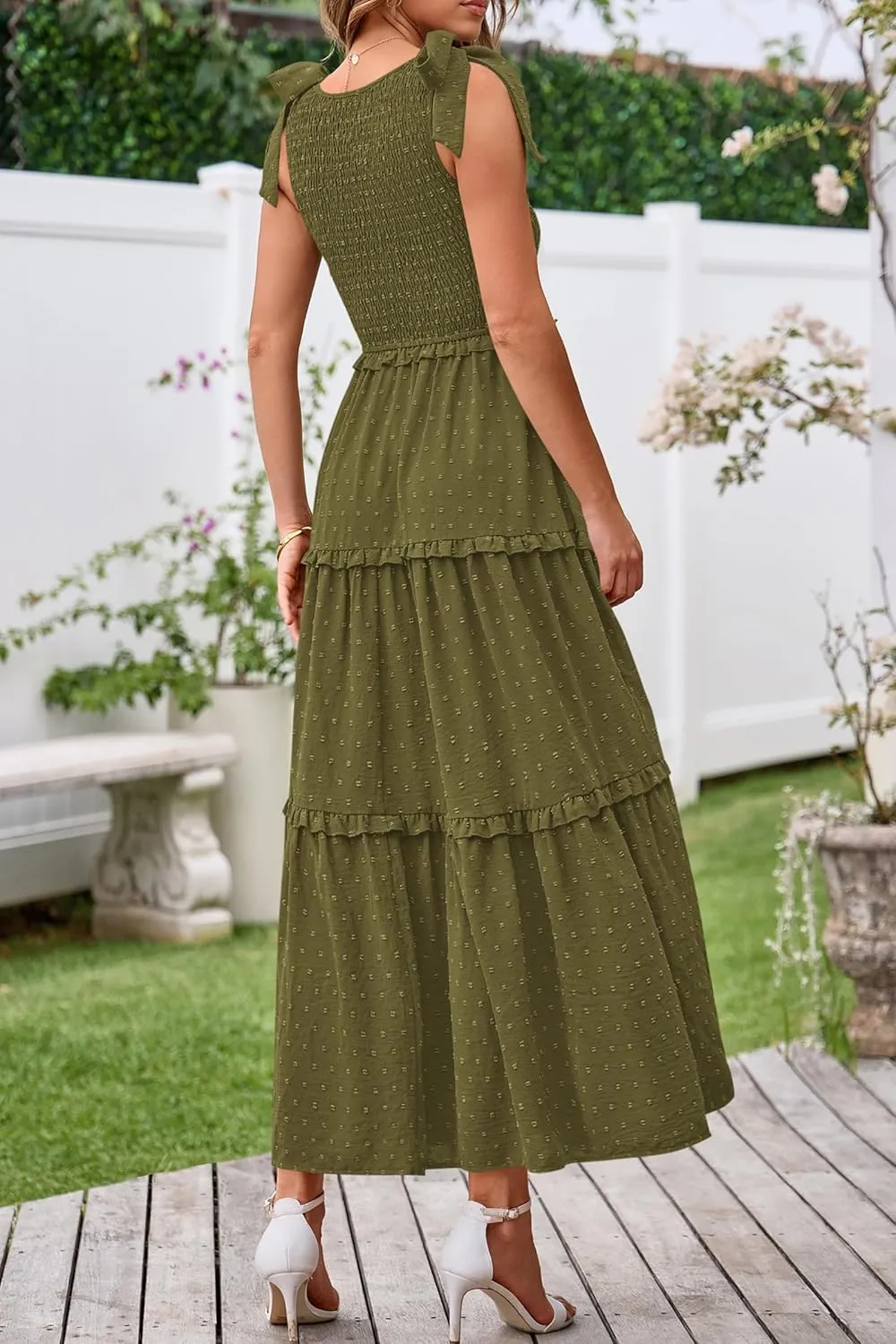Okiwam Womens Summer Dresses 2025 Spring V Neck Sleeveless Tie Strap Maxi Beach Sundresses Boho Swiss Dot Wedding Guest Dress