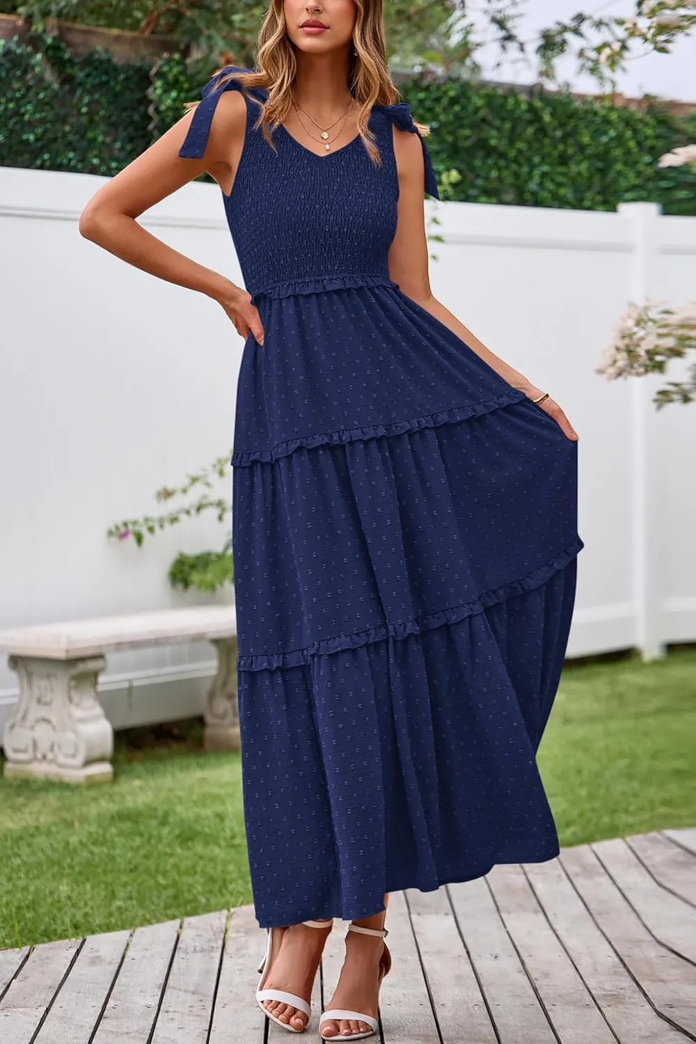 Okiwam Womens Summer Dresses 2025 Spring V Neck Sleeveless Tie Strap Maxi Beach Sundresses Boho Swiss Dot Wedding Guest Dress
