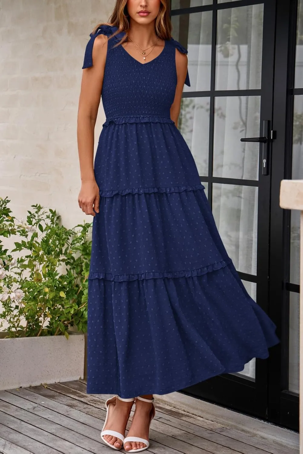 Okiwam Womens Summer Dresses 2025 Spring V Neck Sleeveless Tie Strap Maxi Beach Sundresses Boho Swiss Dot Wedding Guest Dress
