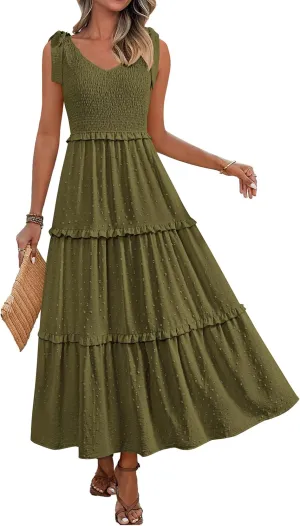 Okiwam Womens Summer Dresses 2025 Spring V Neck Sleeveless Tie Strap Maxi Beach Sundresses Boho Swiss Dot Wedding Guest Dress