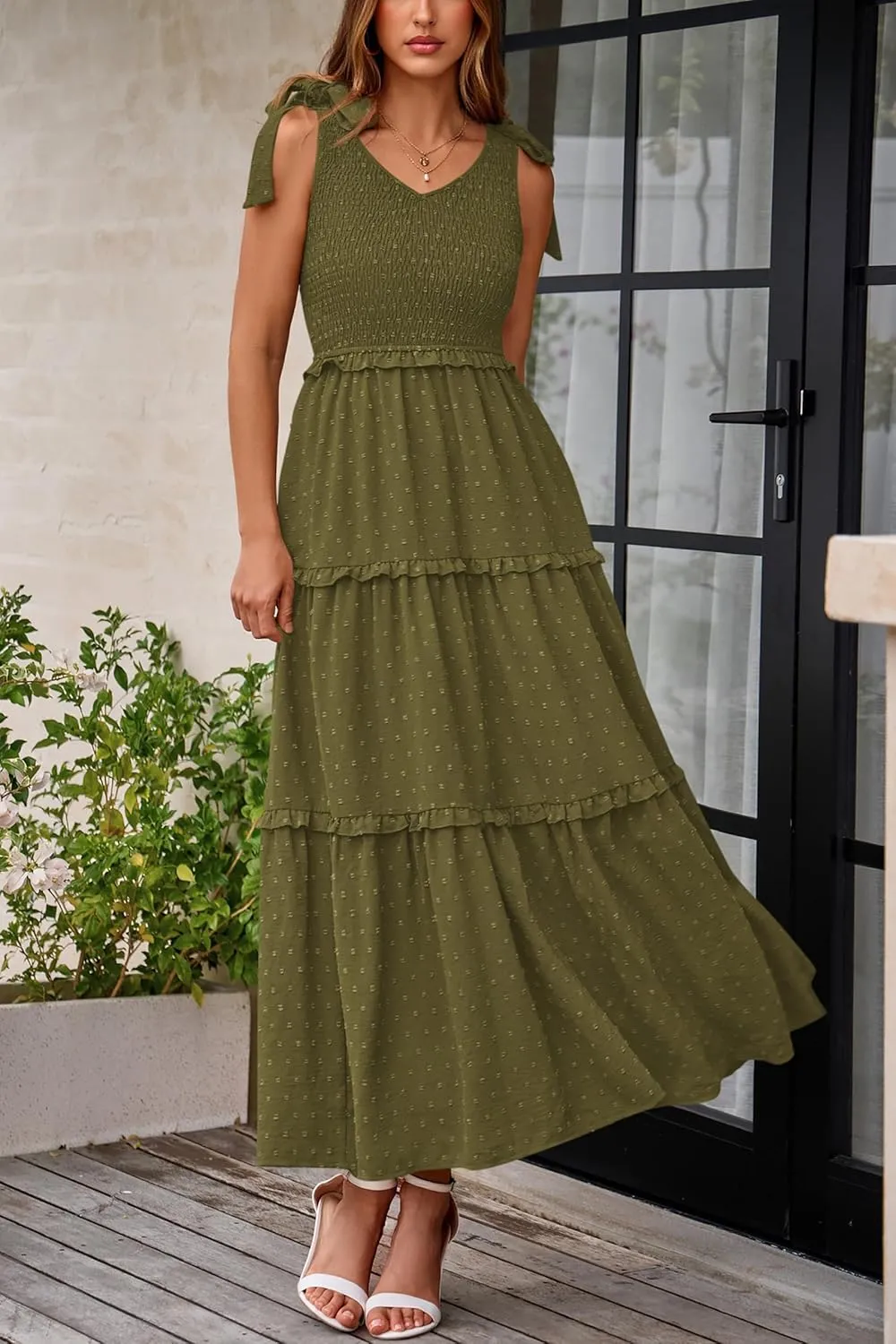 Okiwam Womens Summer Dresses 2025 Spring V Neck Sleeveless Tie Strap Maxi Beach Sundresses Boho Swiss Dot Wedding Guest Dress