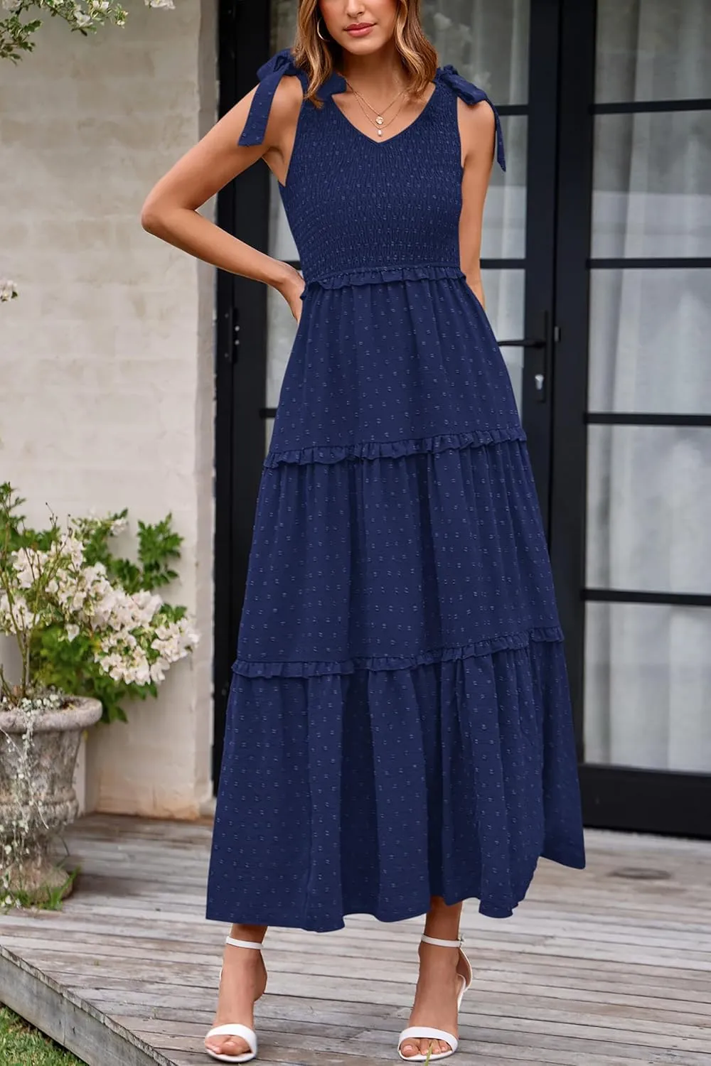 Okiwam Womens Summer Dresses 2025 Spring V Neck Sleeveless Tie Strap Maxi Beach Sundresses Boho Swiss Dot Wedding Guest Dress