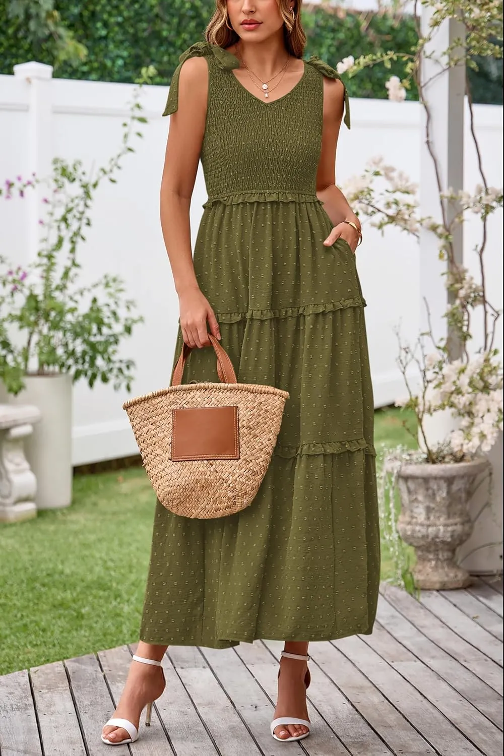 Okiwam Womens Summer Dresses 2025 Spring V Neck Sleeveless Tie Strap Maxi Beach Sundresses Boho Swiss Dot Wedding Guest Dress