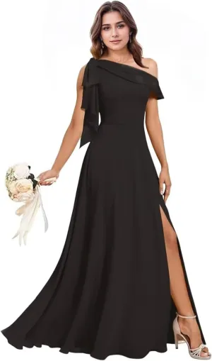 One Shoulder Chiffon Bridesmaid Dresses for Wedding with Bow A Line Prom Dress Long Slit Formal Evening Party Gown