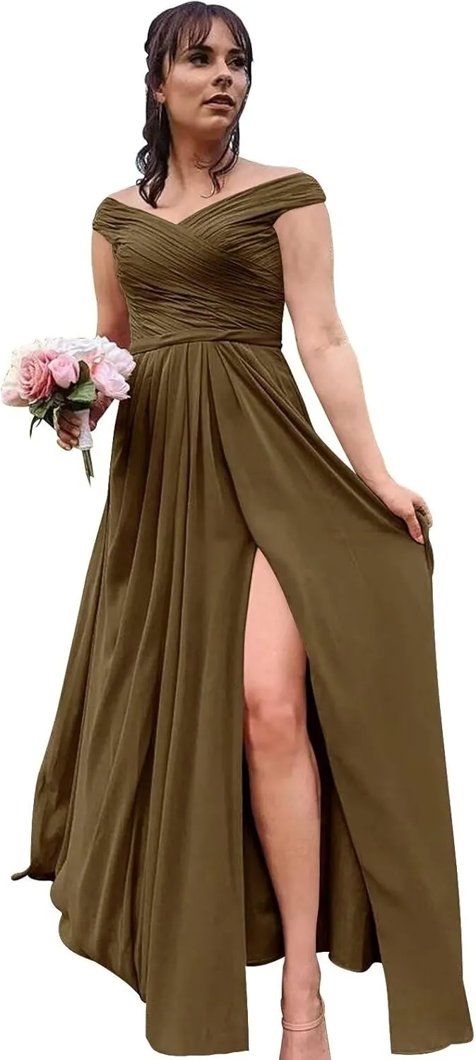Ouyisha Chiffon Bridesmaid Dresses for Women Off The Shoulder Long Formal A-Line Evening Gown with Slit