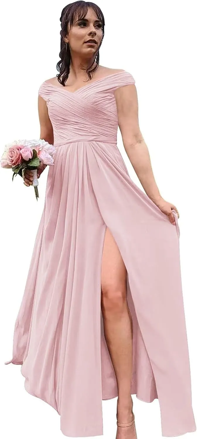 Ouyisha Chiffon Bridesmaid Dresses for Women Off The Shoulder Long Formal A-Line Evening Gown with Slit