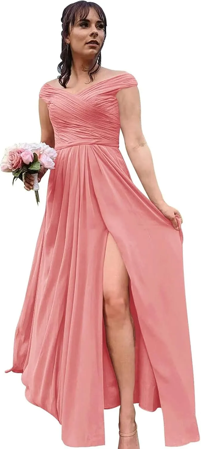 Ouyisha Chiffon Bridesmaid Dresses for Women Off The Shoulder Long Formal A-Line Evening Gown with Slit