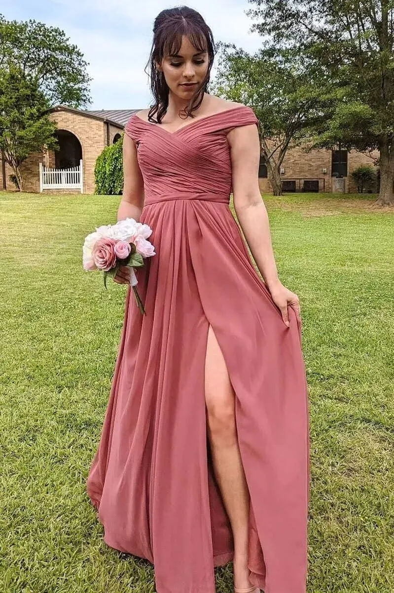 Ouyisha Chiffon Bridesmaid Dresses for Women Off The Shoulder Long Formal A-Line Evening Gown with Slit