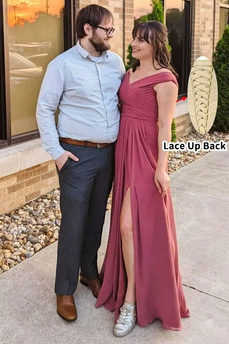 Ouyisha Chiffon Bridesmaid Dresses for Women Off The Shoulder Long Formal A-Line Evening Gown with Slit