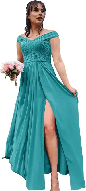 Ouyisha Chiffon Bridesmaid Dresses for Women Off The Shoulder Long Formal A-Line Evening Gown with Slit