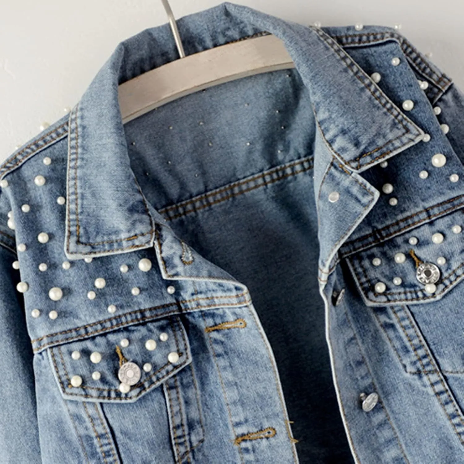 Oversize Pearl Embroidered Women's Ripped Distressed Casual Long Sleeve Denim Jacket Coat