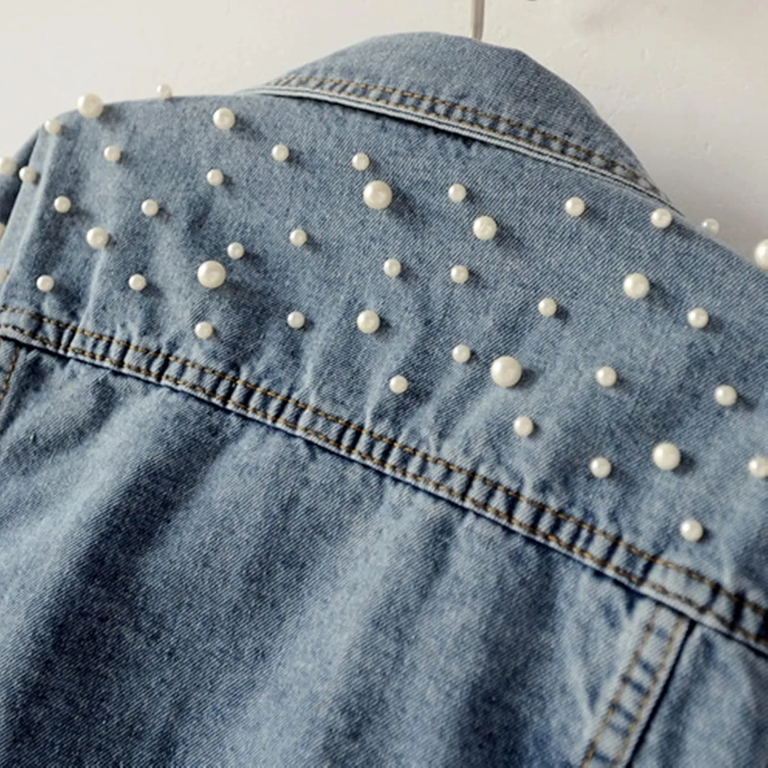 Oversize Pearl Embroidered Women's Ripped Distressed Casual Long Sleeve Denim Jacket Coat